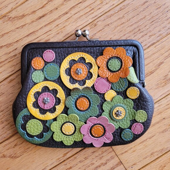 Brighton Brown Coin Purse Kiss Lock Leather Flower Appliqué Chain Strap - Picture 8 of 12